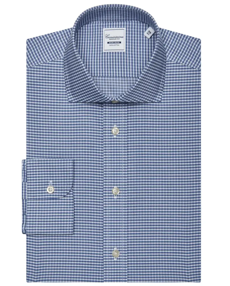 Camicia non iron a quadri blu e bianchi, regular francese
