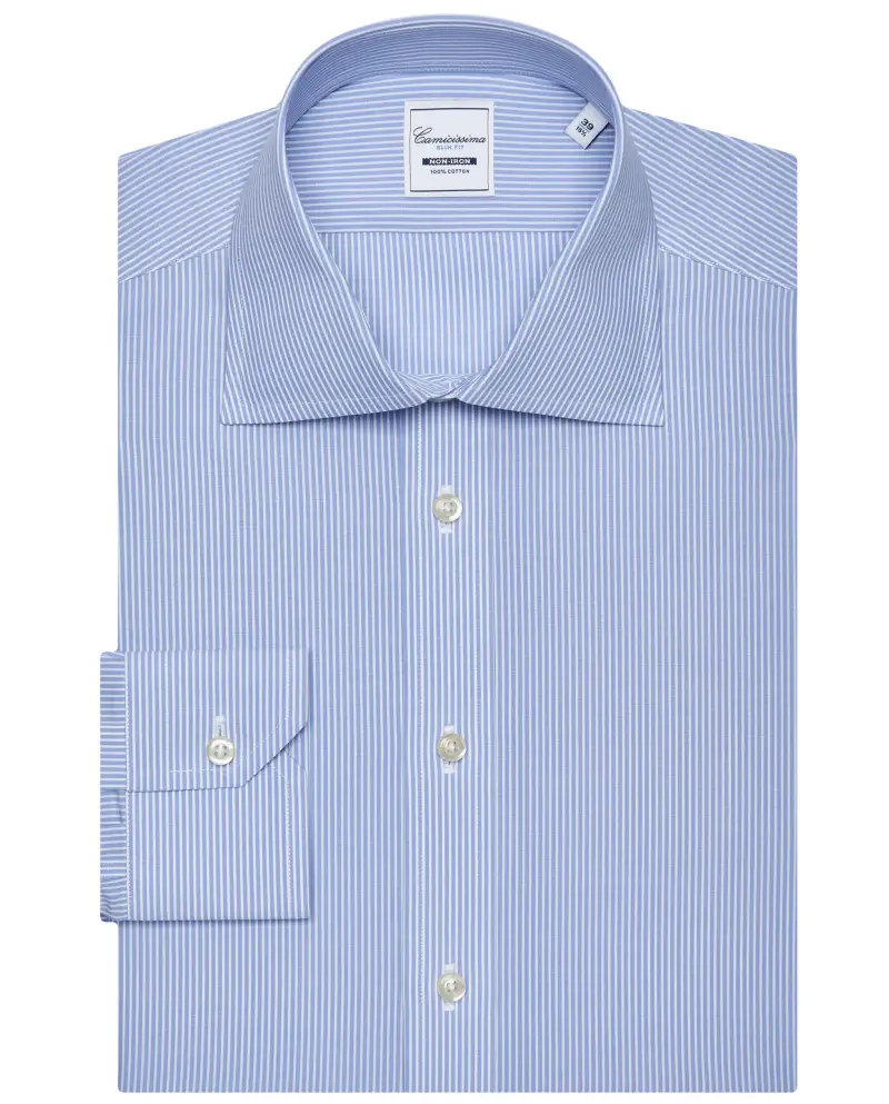Camicia non iron azzurra a righe bianche, slim francese