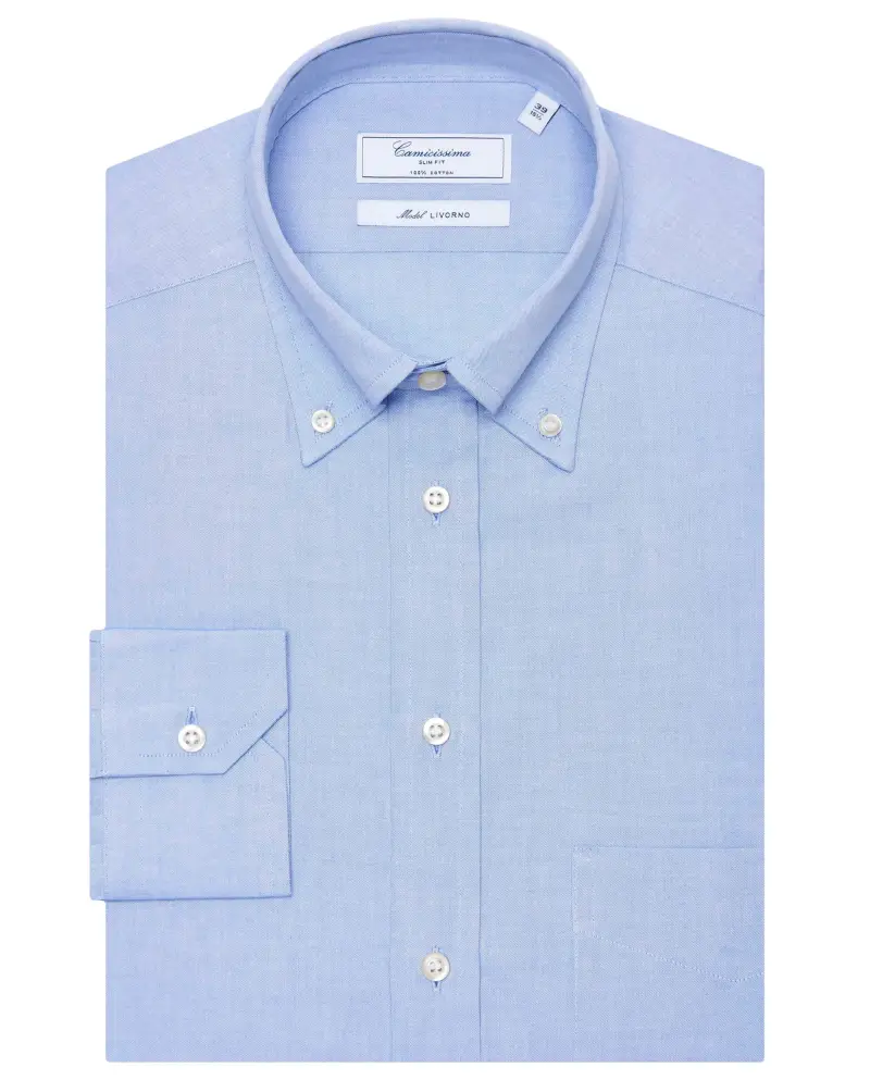 Camicia permanent azzurra, con taschino, slim livorno button down