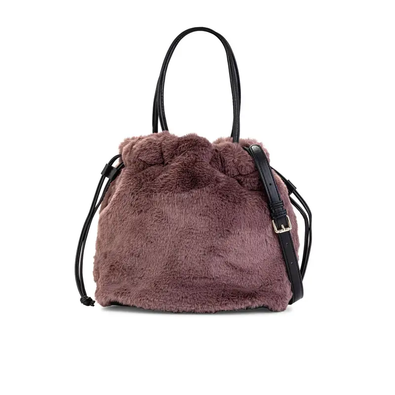 Secchiello marrone in peluche con coulisse e tracolla removibile