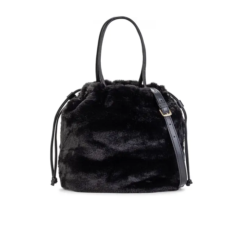 Secchiello nero in peluche con coulisse e tracolla removibile