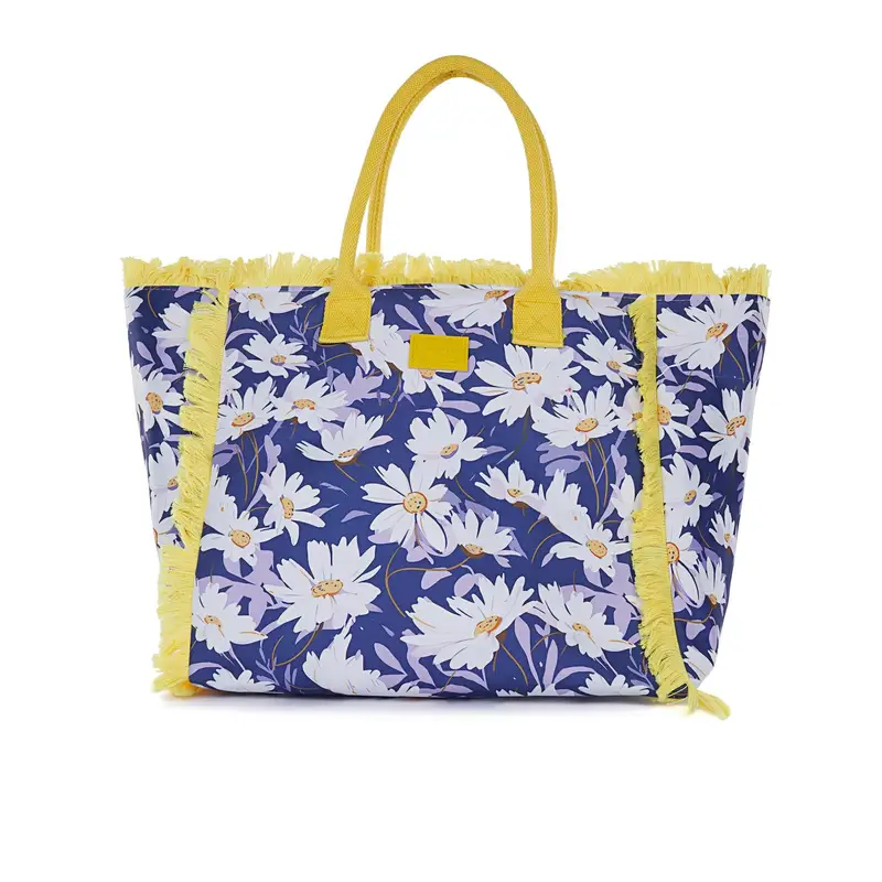 Shopper mare blu da donna in fantasia fiori con dettagli sfrangiati a contrasto