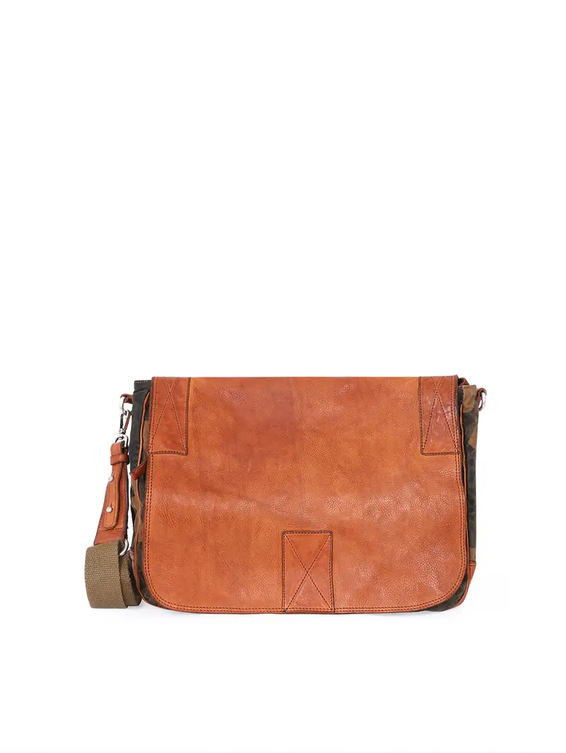 Borsa Da Lavoro Tracolla Mimetica In Pelle Cognac Marrone