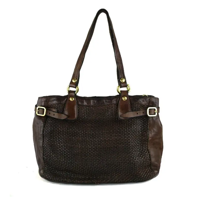 Borsa Shopping Pelle Intrecciata Testa Di Moro Marrone