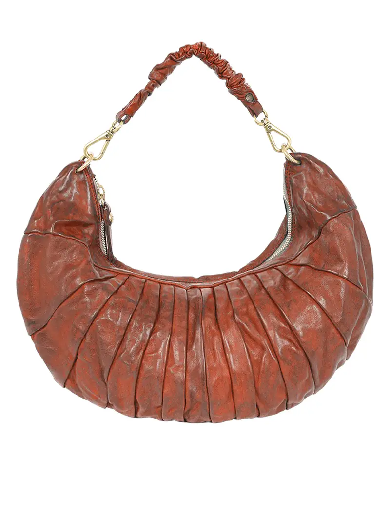 Borsa Spalla Luna In Pelle Di Vacchetta Plissettata Cognac Marrone