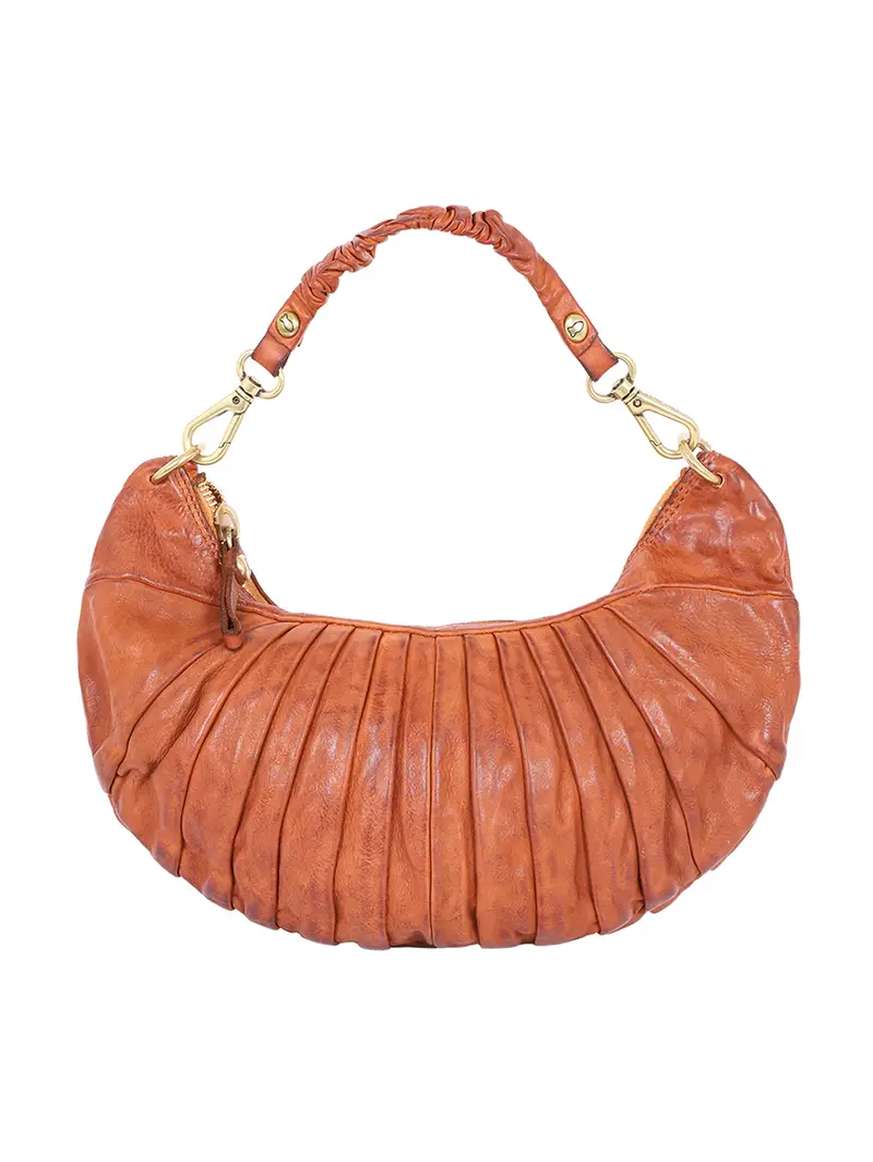 Borsa Spalla Luna In Pelle Di Vacchetta Plissettata Cognac Marrone