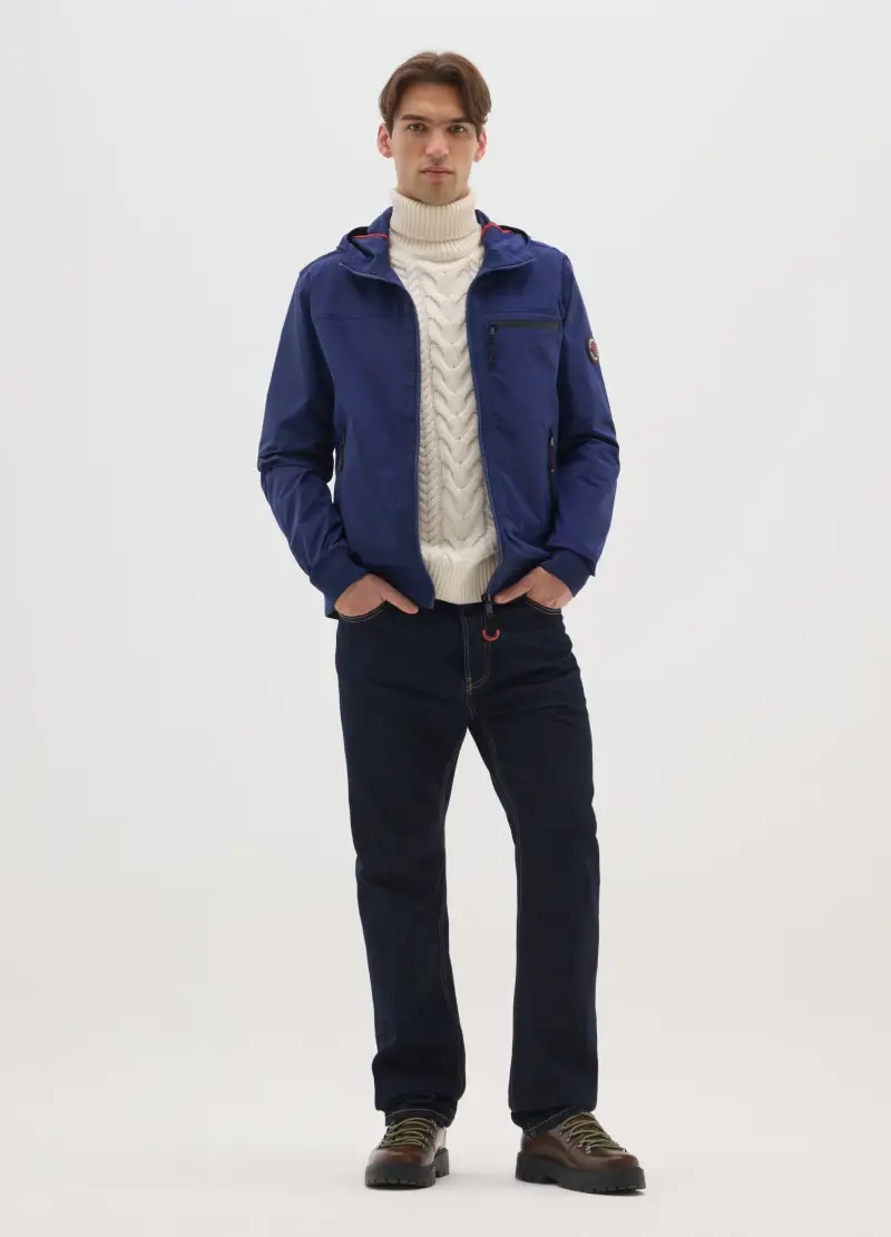 Giacca Blu In Tessuto Pesante Con Cappuccio E Zip, Uomo, Blu