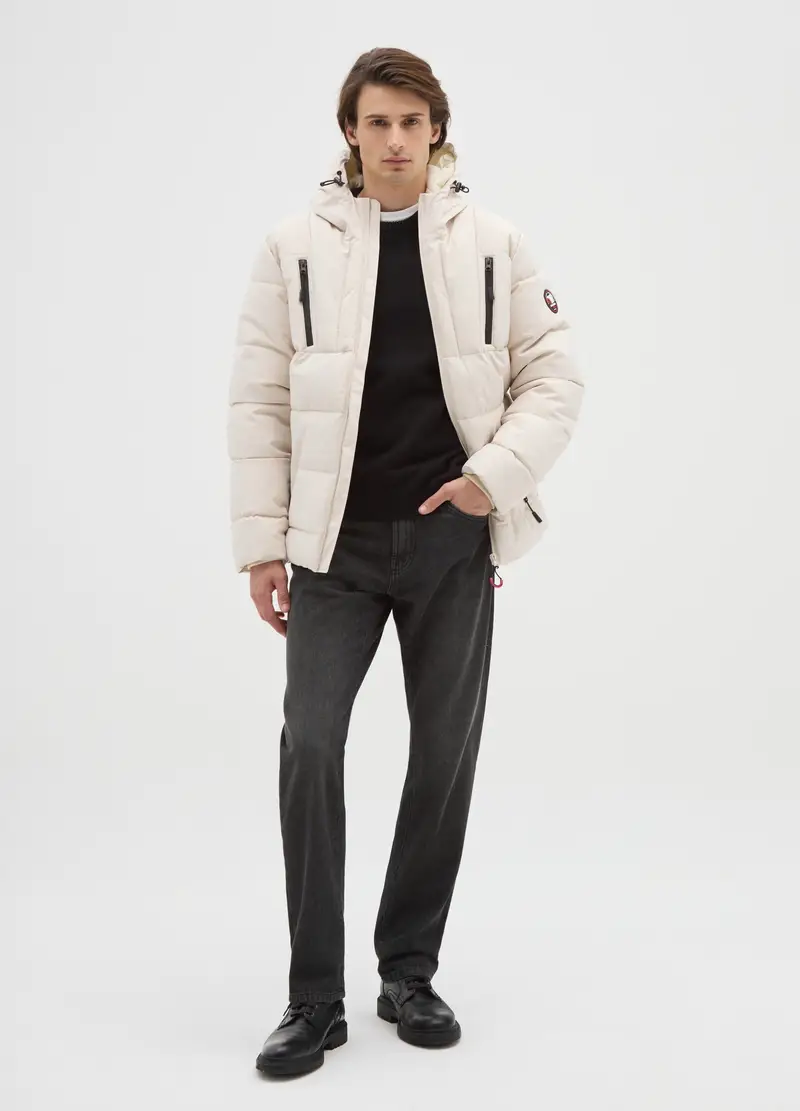 Giacca Imbottita Beige Con Cappuccio E Zip, Uomo, Beige