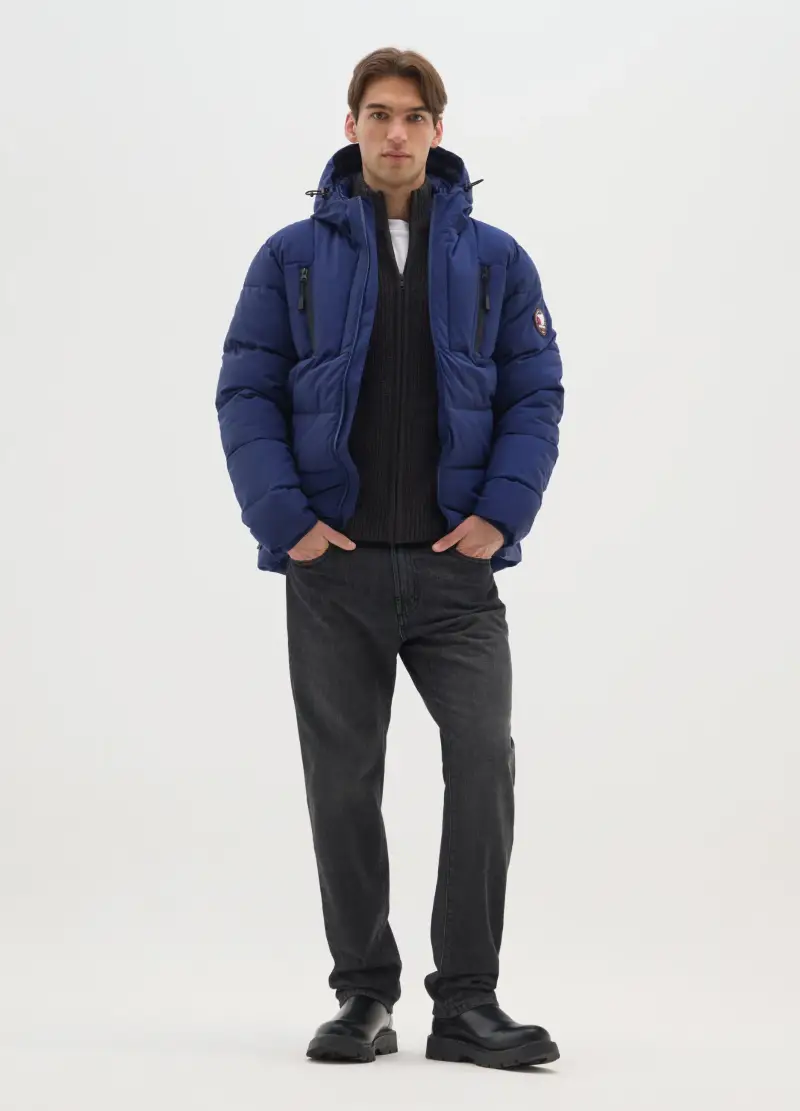 Giacca Imbottita Blu Con Cappuccio E Zip, Uomo, Blu