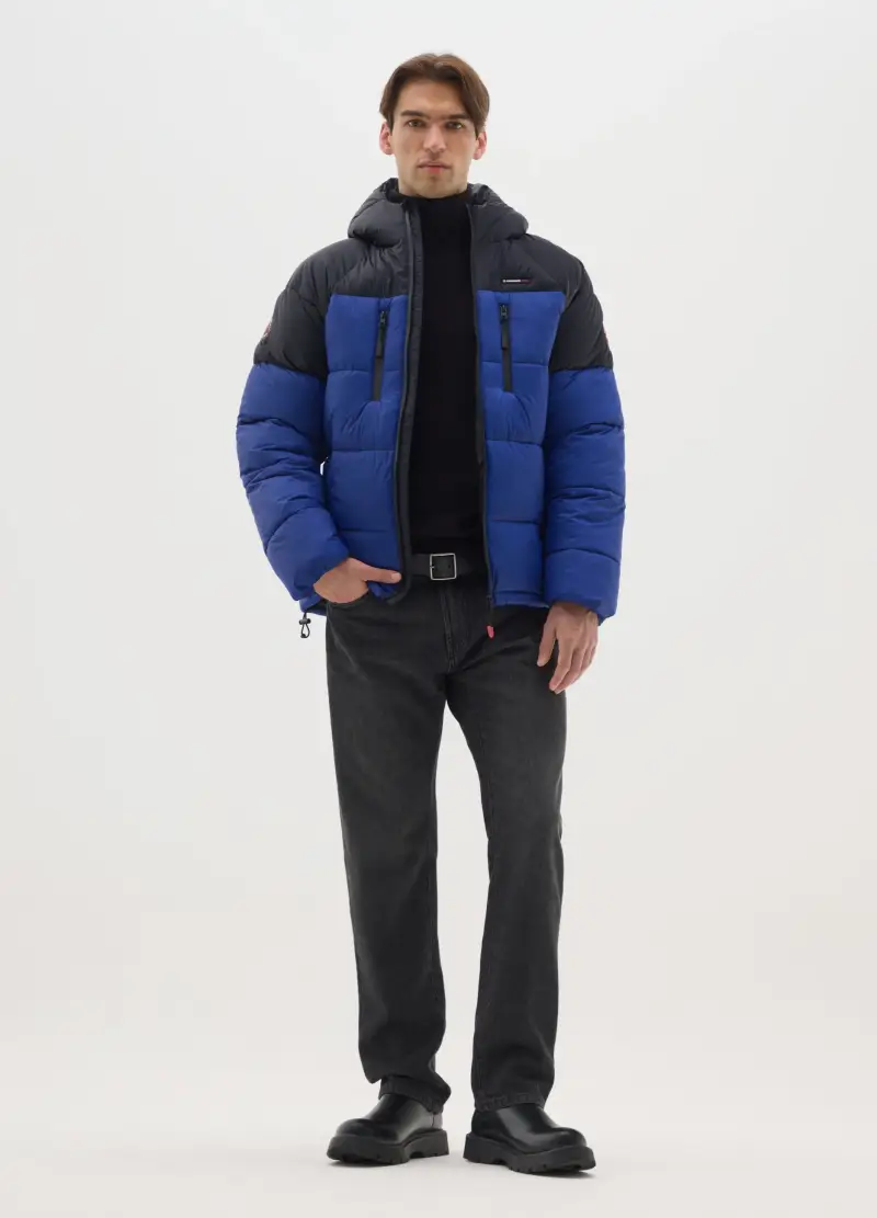 Giacca Imbottita Blu Con Cappuccio E Zip, Uomo, Multicolor