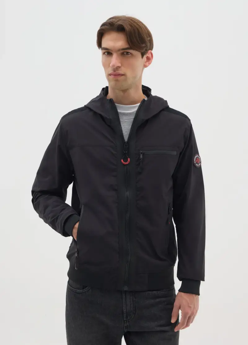 Giacca Nera In Tessuto Pesante Con Cappuccio E Zip, Uomo, Nero miniatura 2