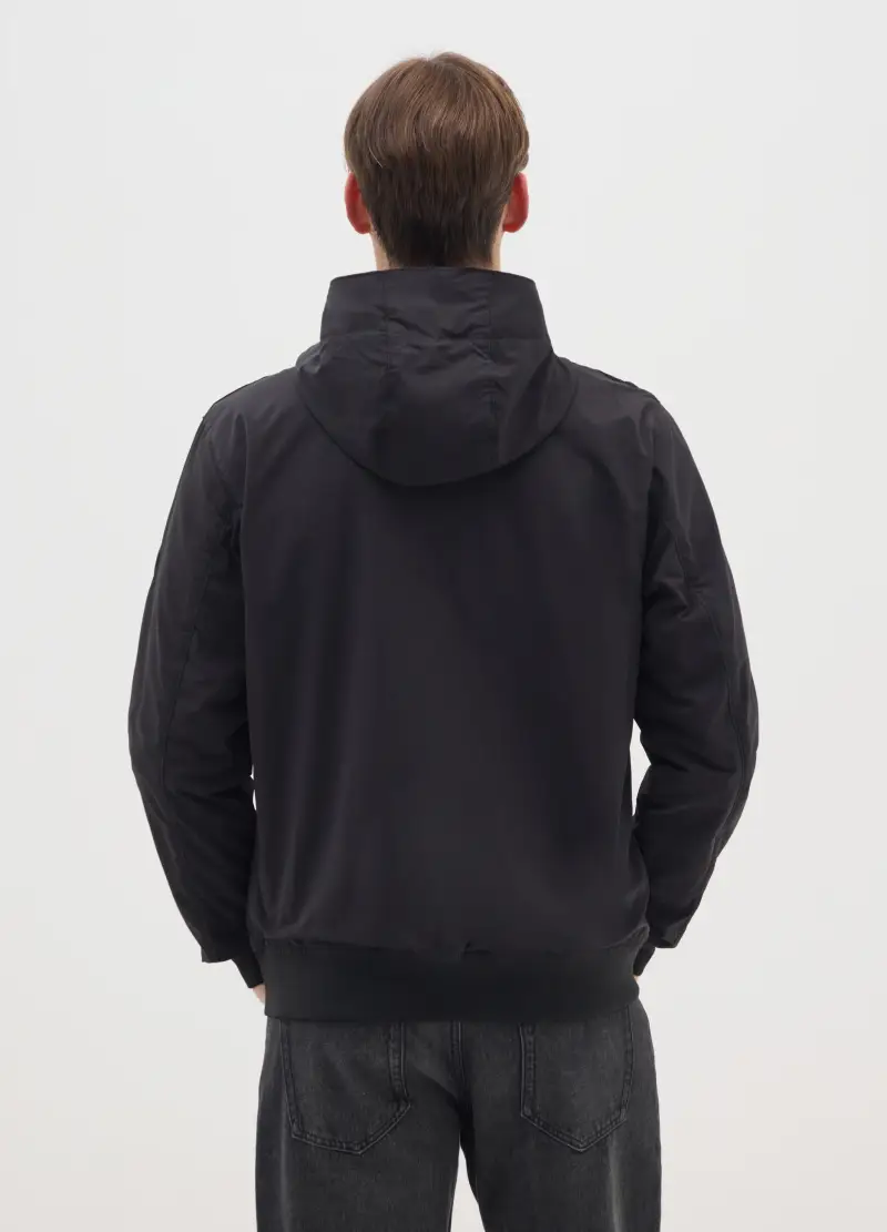 Giacca Nera In Tessuto Pesante Con Cappuccio E Zip, Uomo, Nero miniatura 3