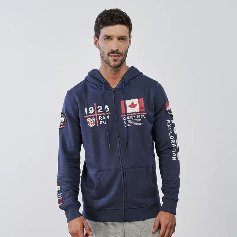 Felpa blu da uomo con cappuccio e stampe