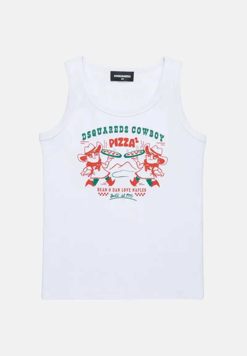 Canotta bianca per bambino e bambina con grafica Cowboy Pizza