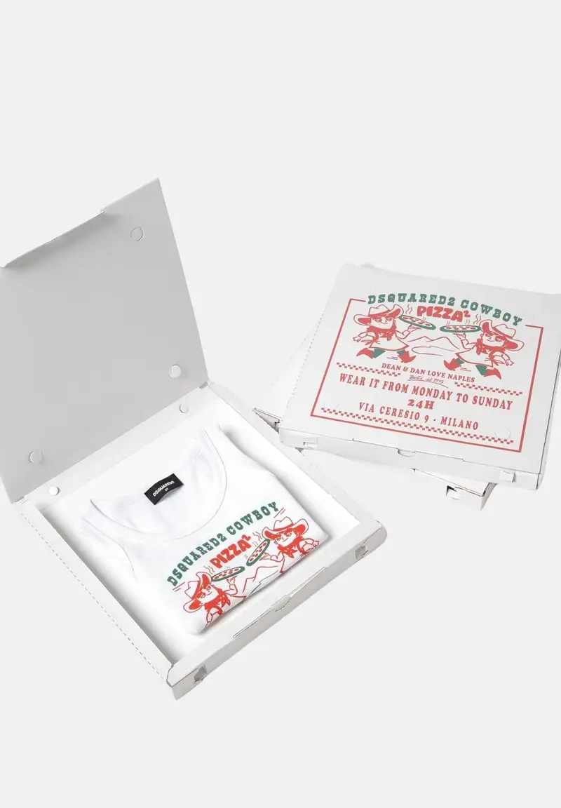 Canotta bianca per bambino e bambina con grafica Cowboy Pizza miniatura 2