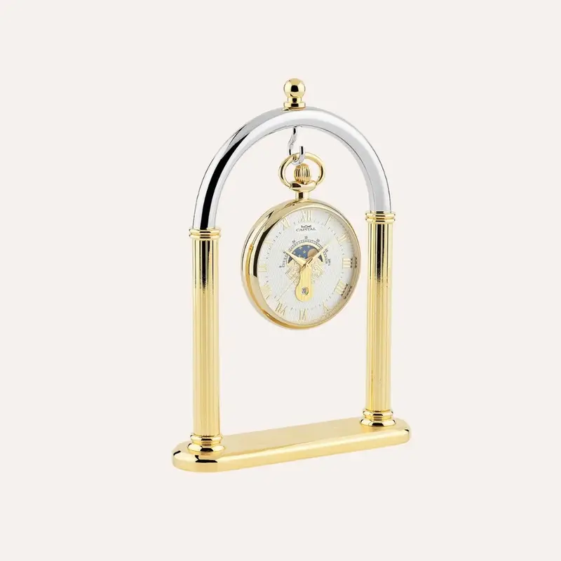 Set Orologio da Tasca Capital con Fasi Lunari in Acciaio e Stand in Metallo