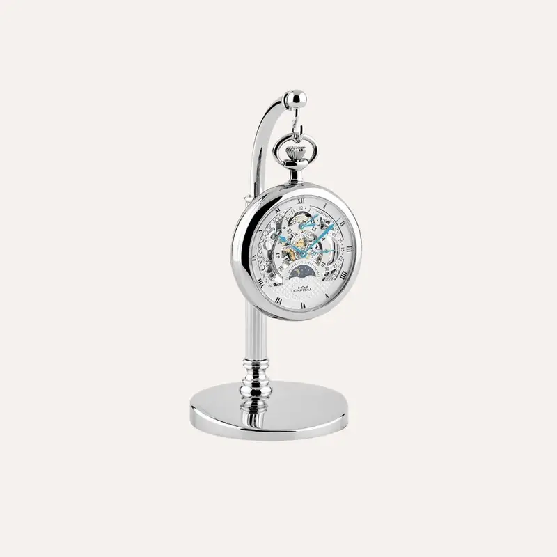 Set Orologio Meccanico da Tasca Capital in Acciaio e Stand in Metallo