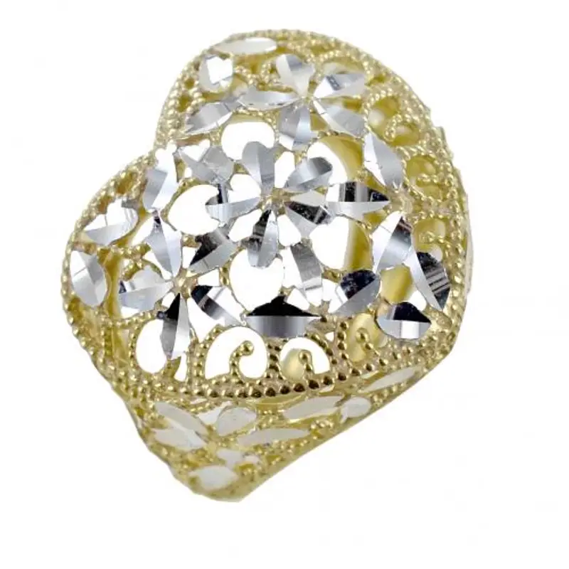 anello con cuore scintillante in argento dorato e silver