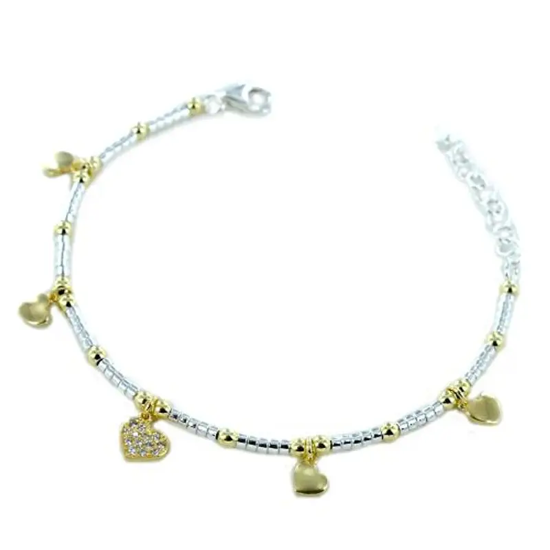 bracciale in argento anellini con charms cuori e zirconi