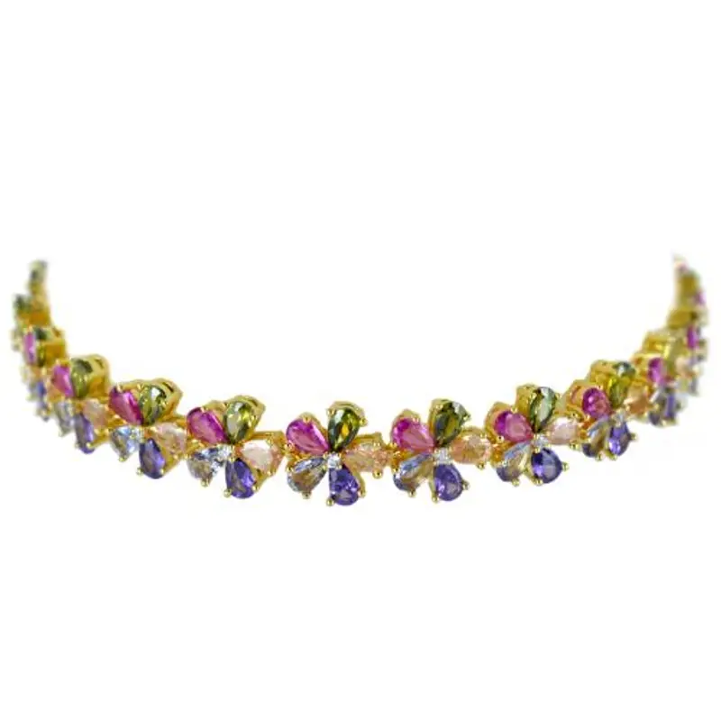 braccialetto fiori colorati in argento dorato con zirconi