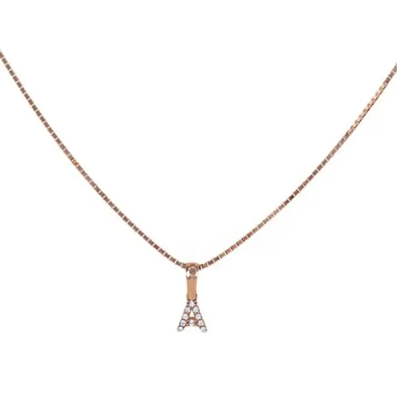 collana con ciondolo lettera piccola in argento rosa e zirconi