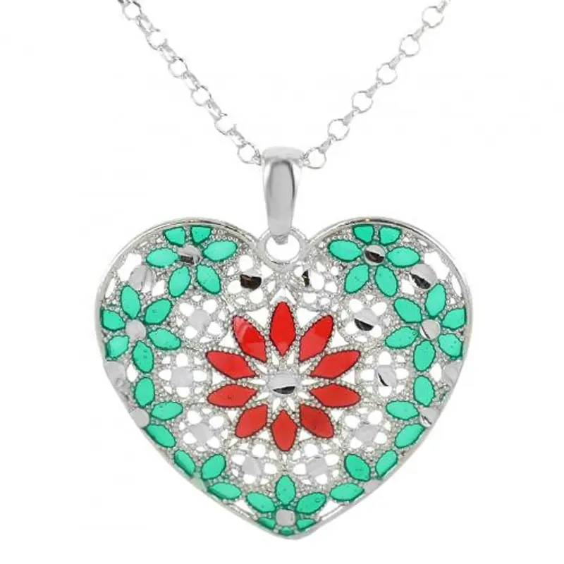 collana in argento con pendente cuore e smalti verde rosso collezione notre dame