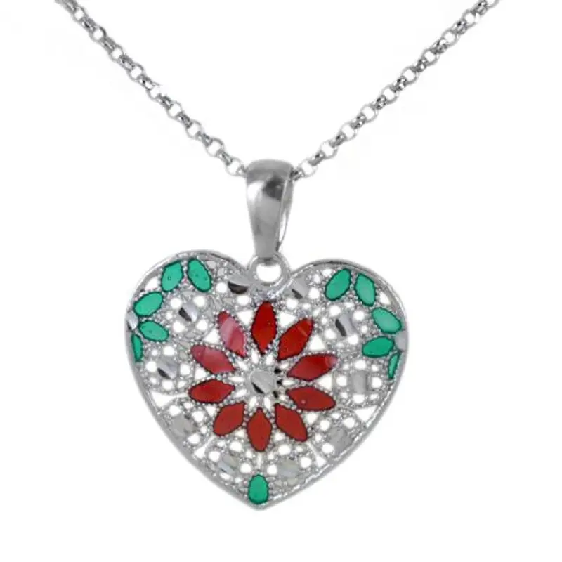 collana in argento con pendente cuore e smalti verde rosso collezione notre dame
