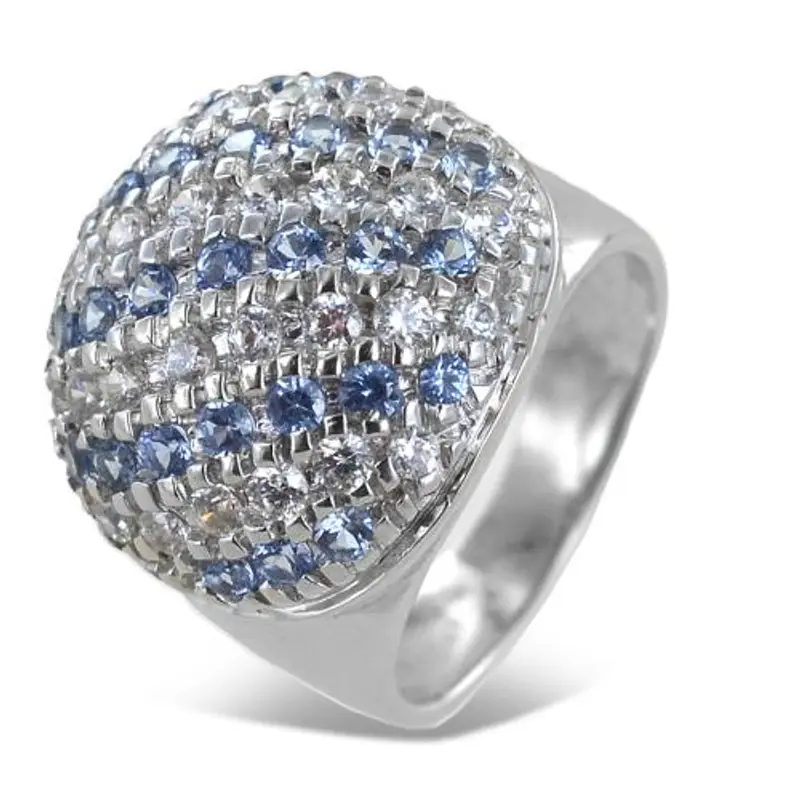 anello da donna con zirconi bianchi e azzurri in oro bianco