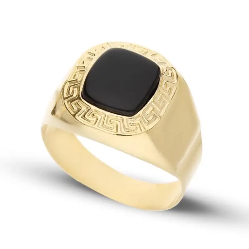 anello da uomo in oro giallo e onice con greca