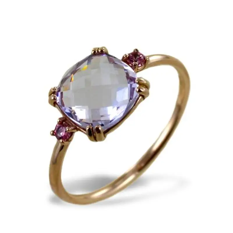 anello in oro con quarzo lilla sfaccettato e zirconi