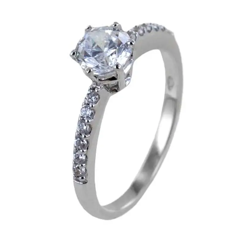 anello solitario a 6 griffes con zircone in oro e zirconi sul gambo