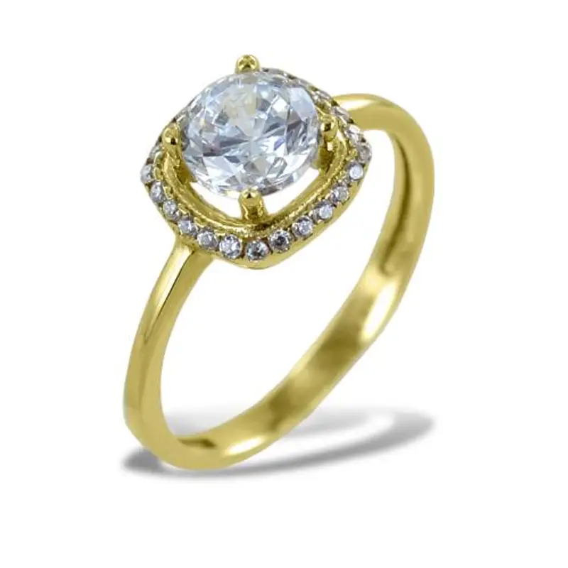 anello solitario con contorno di zirconi in oro giallo