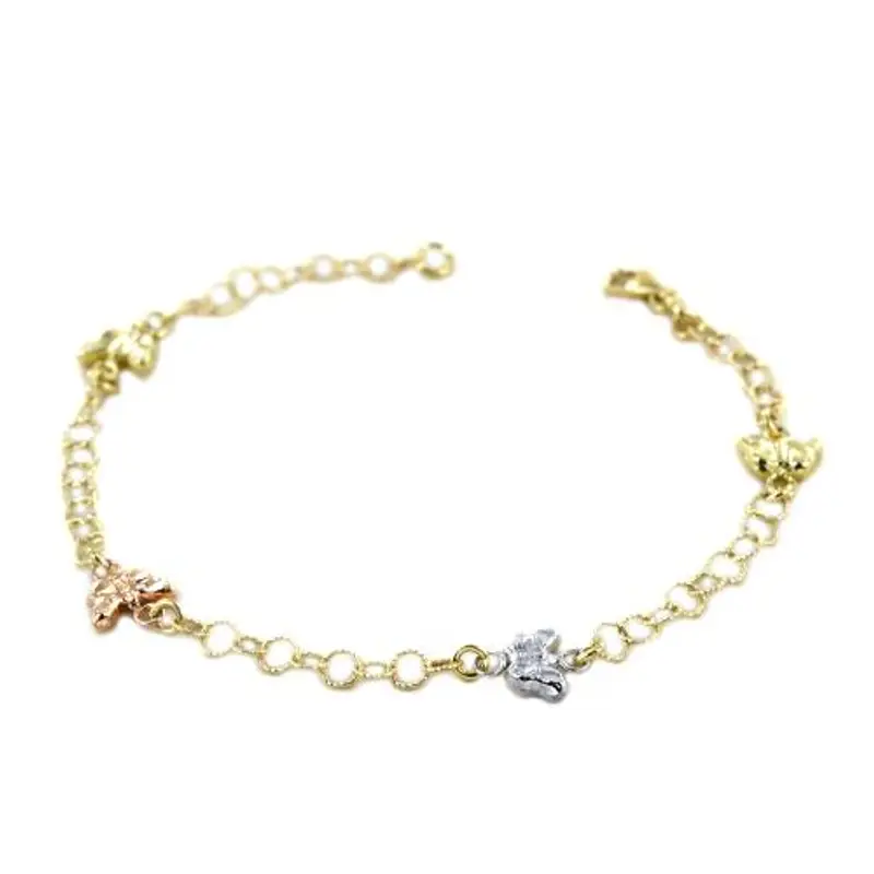 bracciale da bambina in oro giallo bianco e rosa con farfalle