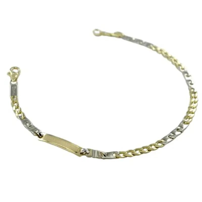 bracciale da uomo in oro giallo e bianco a maglia groumette alternata con targhetta