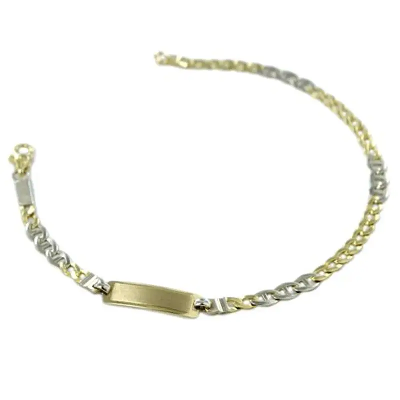 bracciale da uomo in oro giallo e bianco a maglia groumette alternata con targhetta