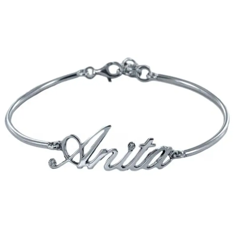 bracciale rigido da ragazza personalizzato con nome in argento e diamanti