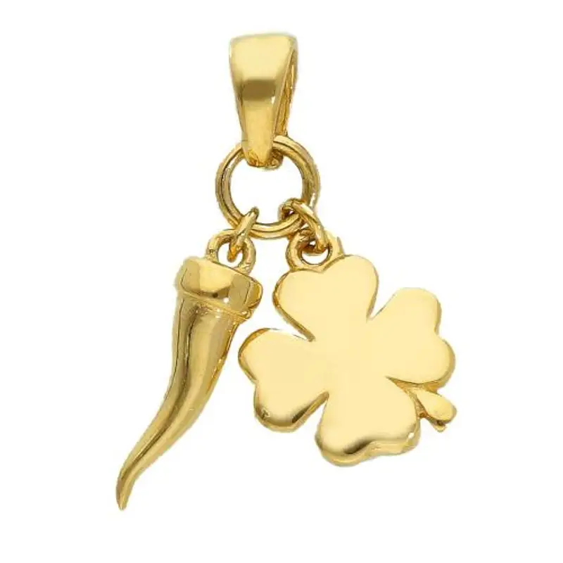 ciondolo corno quadrifoglio portafortuna in oro giallo