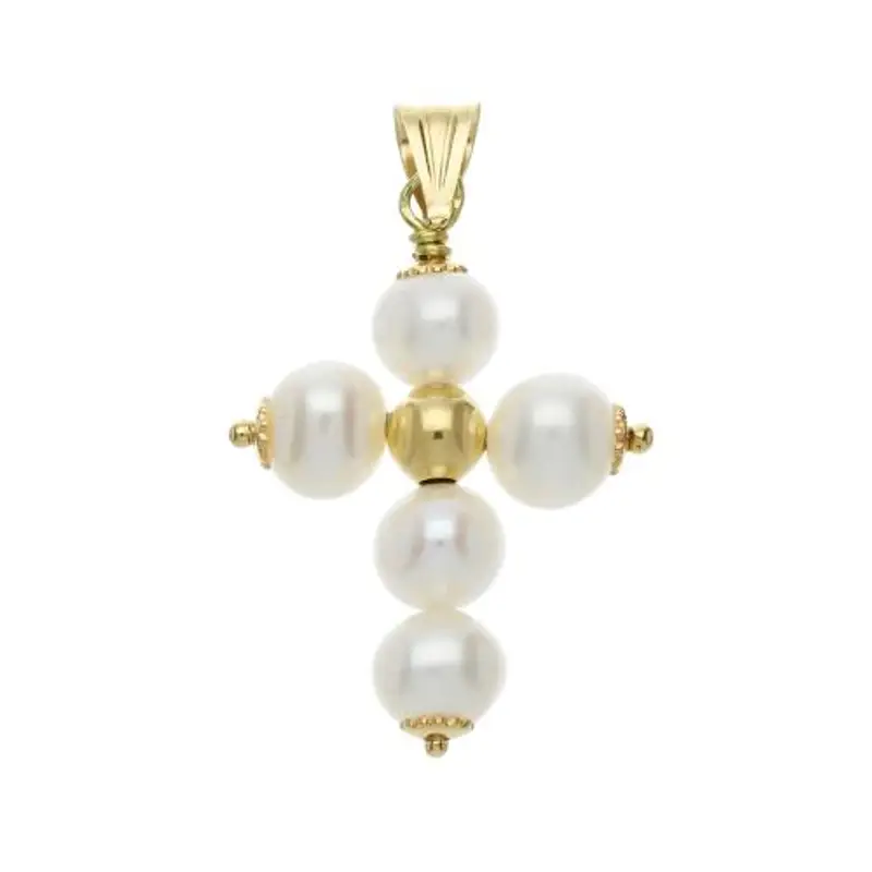 ciondolo croce portafortuna in oro e perle