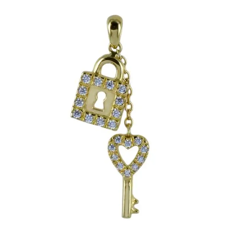 ciondolo in oro giallo con lucchetto e chiave con zirconi bianchi