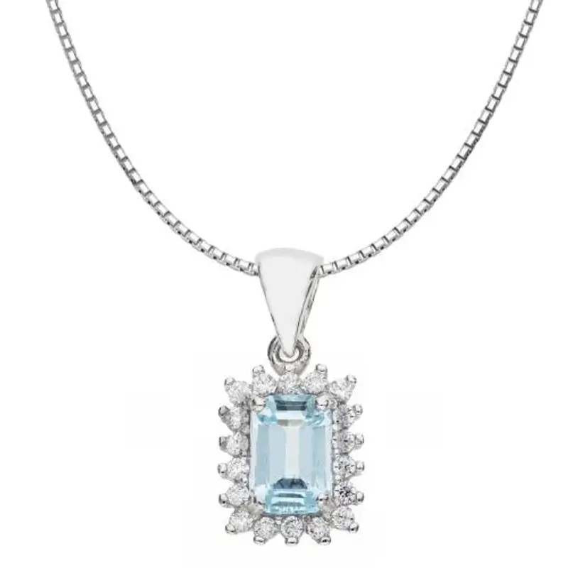 collana ciondolo quarzo color acquamarina con zirconi in oro bianco e argento