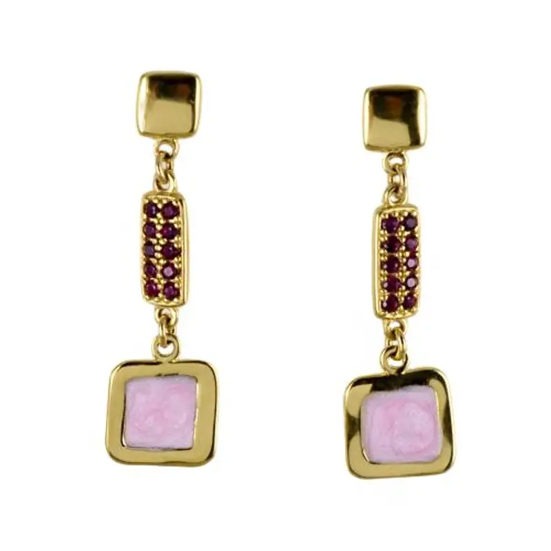 orecchini pendenti in oro giallo con smalto rosa e zirconi rossi
