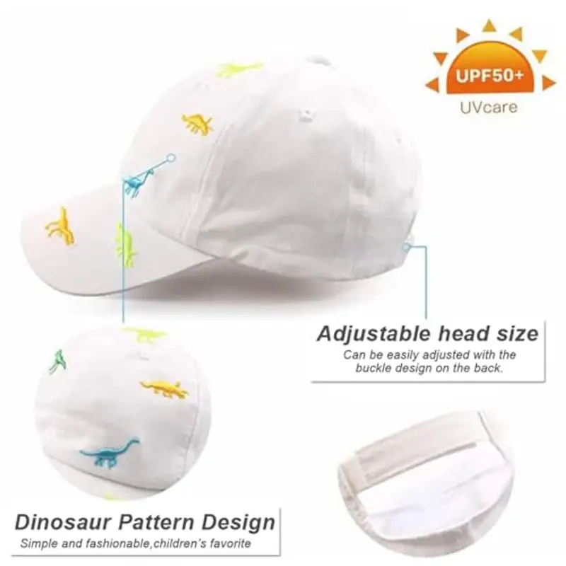Cappellino da baseball estivo per bambini da 2 a 6 anni, con dinosauro, in cotone, cappello da sole per esterni, regolabile, per ragazzi e ragazze, per golf, sport, anti-UV, bianco, Taglia unica miniatura 2