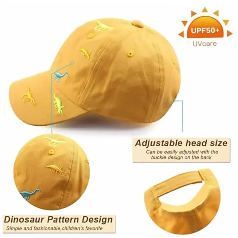 Cappellino da baseball estivo per bambini da 2 a 6 anni, con dinosauro, in cotone, cappello da sole per esterni, regolabile, per ragazzi e ragazze, per golf, sport, anti-UV, giallo., Taglia unica miniatura 2