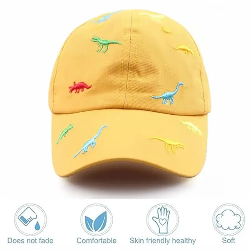 Cappellino da baseball estivo per bambini da 2 a 6 anni, con dinosauro, in cotone, cappello da sole per esterni, regolabile, per ragazzi e ragazze, per golf, sport, anti-UV, giallo., Taglia unica miniatura 3