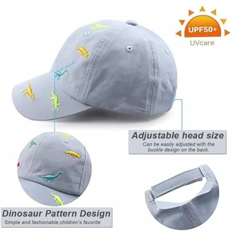 Cappellino da Baseball per Bambini e Bambine, con Ricamo a Forma di Dinosauro, Regolabile, in Cotone, con Protezione UV, per L'Estate, l'autunno, i Bambini, per 2-6 Anni miniatura 3