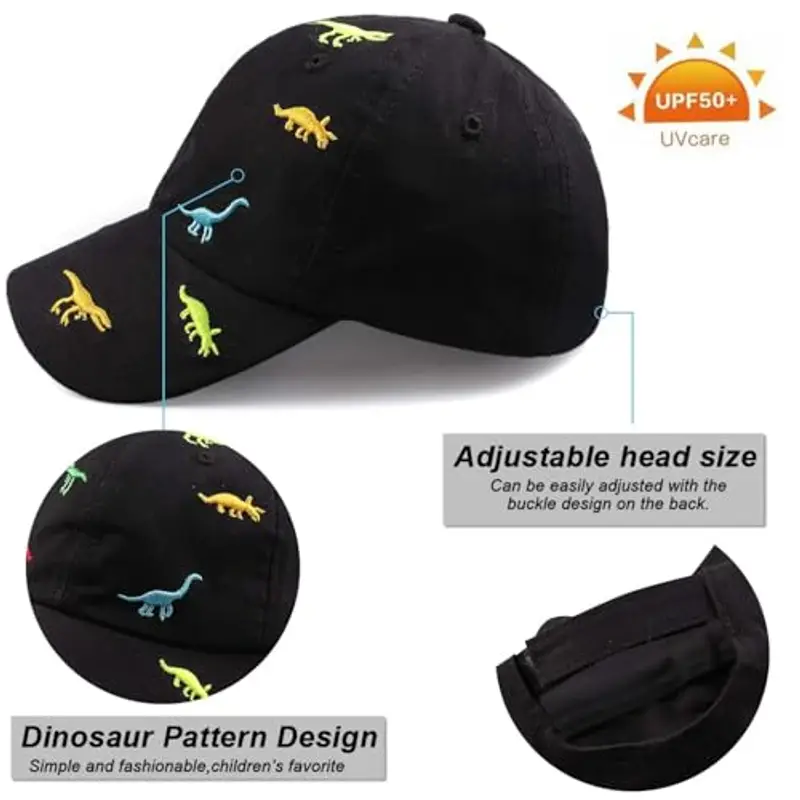 Cappellino da Baseball per Bambini e Bambine, con Ricamo a Forma di Dinosauro, Regolabile, in Cotone, con Protezione UV, per L'Estate, l'autunno, i Bambini, per 2-6 Anni miniatura 3