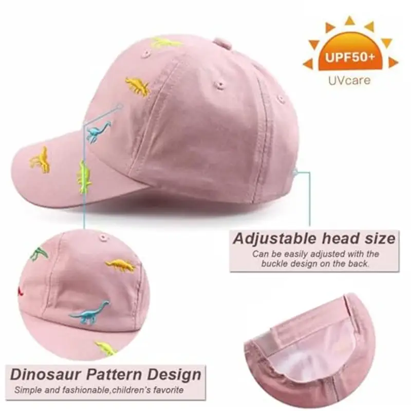 Cappellino da Baseball per Bambini e Bambine, con Ricamo a Forma di Dinosauro, Regolabile, in Cotone, con Protezione UV, per L'Estate, l'autunno, i Bambini, per 2-6 Anni miniatura 3