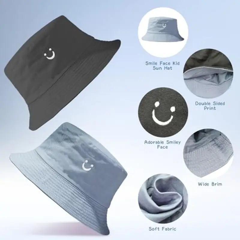 Cappello da sole per bambini, cappello da pescatore per bambini con faccina sorridente, cappello da sole reversibile per bambini, cappello da pescatore a tesa larga per bambini e bambine, per 2-8 anni miniatura 2