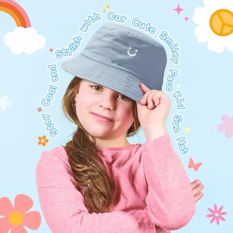 Cappello da sole per bambini, cappello da pescatore per bambini con faccina sorridente, cappello da sole reversibile per bambini, cappello da pescatore a tesa larga per bambini e bambine, per 2-8 anni miniatura 3