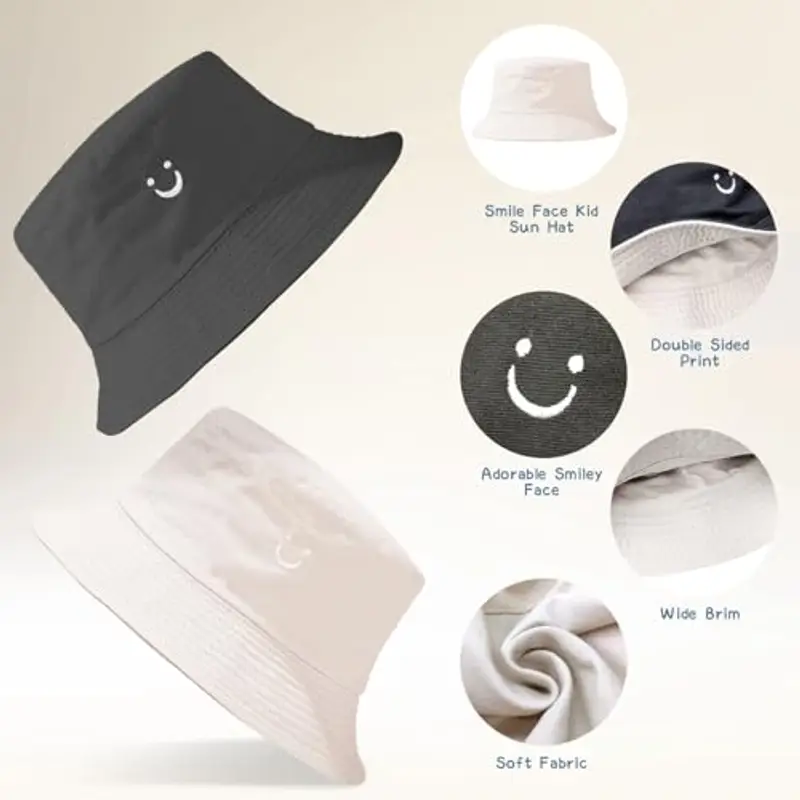 Cappello da sole per bambini, cappello da pescatore per bambini con faccina sorridente, cappello da sole reversibile per bambini, cappello da pescatore a tesa larga per bambini e bambine, per 2-8 anni miniatura 2